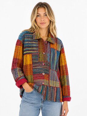 Travel Smith Jacket Size 3x Patchwork Stripe Button Front Cotton Boho Bohemian